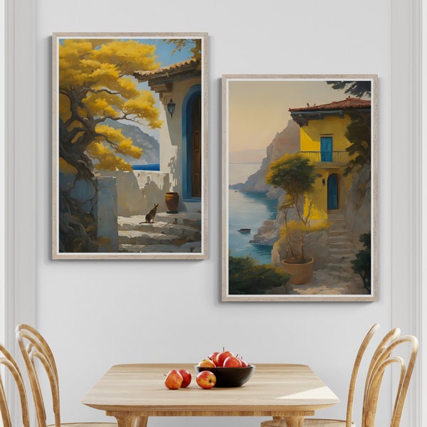Set of Two Old Yellow House Painting, Mediterranean View, Seaside Painting, Oil Painting, Printable Art