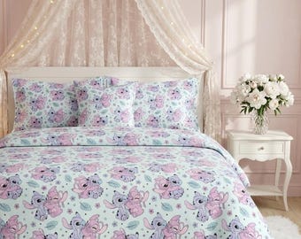 Juego de ropa de cama de Stitch / Edredón Disney para niñas y manta para bebés / Colcha para la habitación de bebé niña y decoración de habitación infantil, edredón suave de felpa, regalo