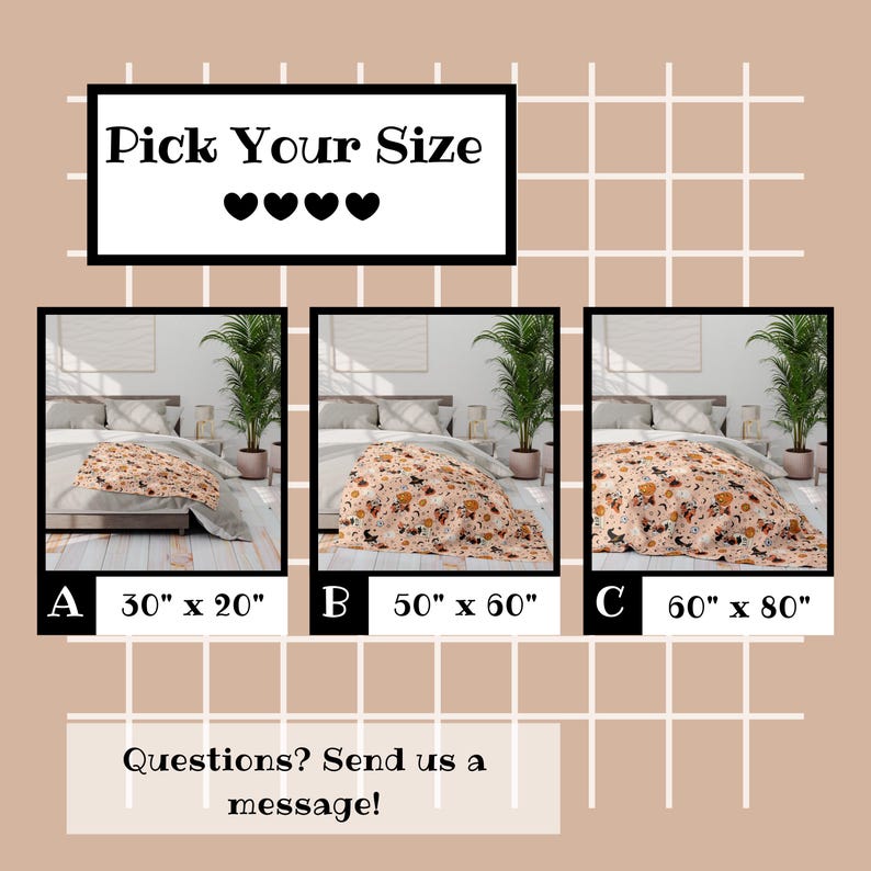 Op de afbeelding: Afbeelding van een patroon deken verkrijgbaar in drie maten: 76 cm x 51 cm, 127 cm x 152 cm en 152 cm x 203 cm. De deken heeft een lichtroze achtergrond met oranje en zwarte vormen. Bovenin staat de tekst "Kies uw maat".