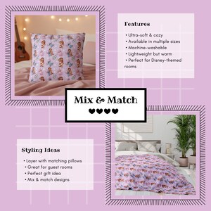 Peut inclure: Un oreiller d&eacute;coratif et une couverture avec un motif r&eacute;p&eacute;t&eacute; de personnages de dessins anim&eacute;s sur un fond violet clair. L'image comprend &eacute;galement le texte "Mix & Match", "Caract&eacute;ristiques" et "Id&eacute;es de style".