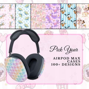 May include: A pair of over-ear headphones featuring a pastel-colored plaid pattern with small mouse-shaped icons on the ear cups. The text on the right reads Pick Your AIRPOD MAX CASES 100+ DESIGNS, with a top banner displaying various character patterns.