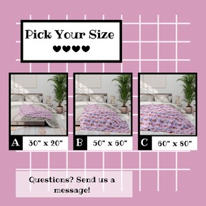 Peut inclure: Fond rose avec un motif quadrill&eacute; et le texte &laquo;&nbsp;Choisissez votre taille&nbsp;&raquo;. Trois images d'un lit avec une couverture &agrave; motifs sont affich&eacute;es, avec des options de taille&nbsp;: 76 cm x 51 cm, 127 cm x 152 cm et 152 cm x 203 cm. Le texte &laquo;&nbsp;Des questions&nbsp;? Envoyez-nous un message&nbsp;!&nbsp;&raquo; est &eacute;galement pr&eacute;sent.
