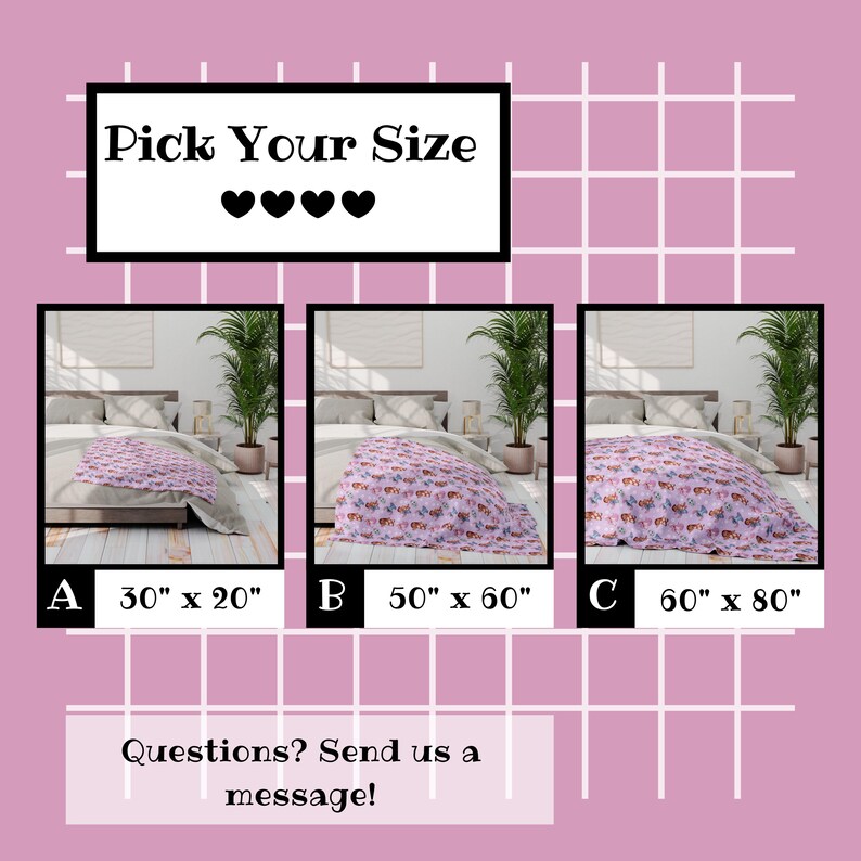 Peut inclure: Fond rose avec un motif quadrill&eacute; et le texte &laquo;&nbsp;Choisissez votre taille&nbsp;&raquo;. Trois images d'un lit avec une couverture &agrave; motifs sont affich&eacute;es, avec des options de taille&nbsp;: 76 cm x 51 cm, 127 cm x 152 cm et 152 cm x 203 cm. Le texte &laquo;&nbsp;Des questions&nbsp;? Envoyez-nous un message&nbsp;!&nbsp;&raquo; est &eacute;galement pr&eacute;sent.