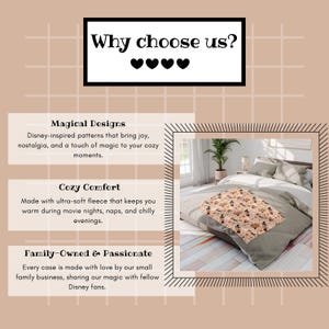 Op de afbeelding: Een bed met een patroon deken met Disney-ge&iuml;nspireerde ontwerpen. De tekst "Why choose us?" staat bovenaan, met drie harten eronder. De afbeelding bevat ook tekst over magische ontwerpen, gezellig comfort en familiepassie.