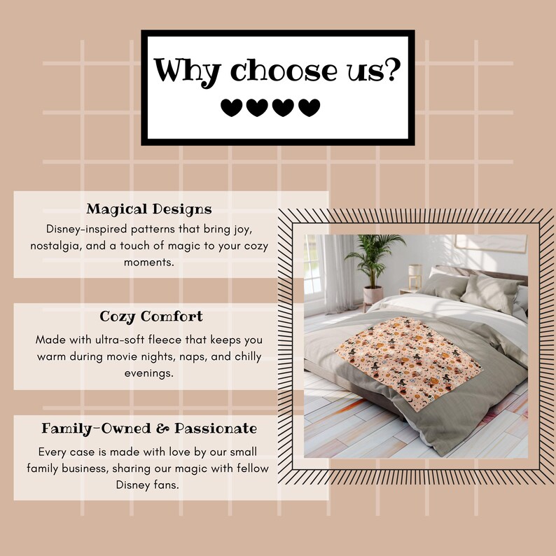 Op de afbeelding: Een bed met een patroon deken met Disney-ge&iuml;nspireerde ontwerpen. De tekst "Why choose us?" staat bovenaan, met drie harten eronder. De afbeelding bevat ook tekst over magische ontwerpen, gezellig comfort en familiepassie.