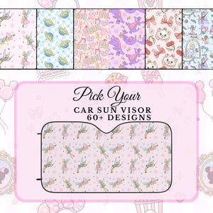May include: A rectangular car sun visor featuring a repeating pattern of a small winged fairy with blonde hair and a green dress against a light pink background with small stars. The image includes text that reads Pick Your CAR SUN VISOR 60+ DESIGNS.