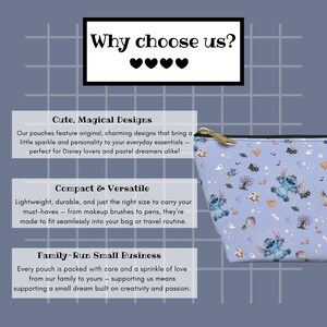 May include: A light blue cosmetic bag with a gold zip, featuring a Stitch character design. The bag has a repeating pattern of Stitch, ghosts, and trees. Text on the image reads "Why choose us?" and describes the bag's cute designs, compact size, and family-run business.