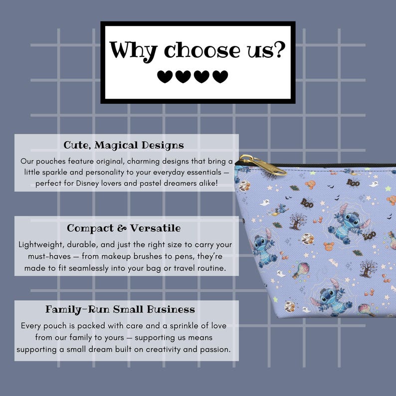 May include: A light blue cosmetic bag with a gold zip, featuring a Stitch character design. The bag has a repeating pattern of Stitch, ghosts, and trees. Text on the image reads "Why choose us?" and describes the bag's cute designs, compact size, and family-run business.