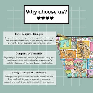 May include: A colorful cosmetic pouch with a Toy Story theme. The pouch features various characters from the movie and the text "Toy Story". The background is a light green color with a grid pattern. The text "Why choose us?" is at the top.