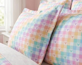 Pastel Mickey Pillow Case for Girls, Disney Gingham Sham, Pink Toddler Bedding Set, Disney Kids Room Decor, Fun Sleepover Accessory Gift