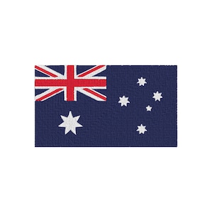 May include: A blue and red Australian flag with a white seven-pointed star in the centre and six white five-pointed stars in the top right corner.