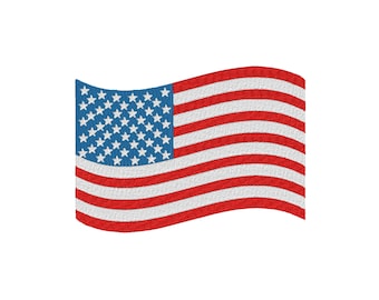 May include: A red, white and blue American flag waving in the wind.