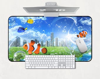Frutiger Aero 2000s Y2K Computer Desk Mat, Home Office Gaming, Aesthetic Desk Mat, Vintage Nostalgia Clown Fish Sea Ocean Theme