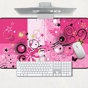 Frutiger Metro Computer Desk Mat, Home Office Gaming, Y2K Vectorbloom Aesthetic, Large Mousepad, Vintage Nostalgia 2000s Black and Hot Pink