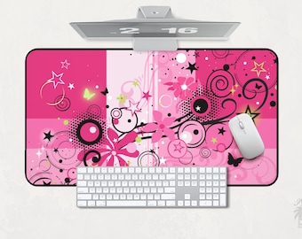 Frutiger Metro Computer Desk Mat, Home Office Gaming, Y2K Vectorbloom Aesthetic, Large Mousepad, Vintage Nostalgia 2000s Black and Hot Pink