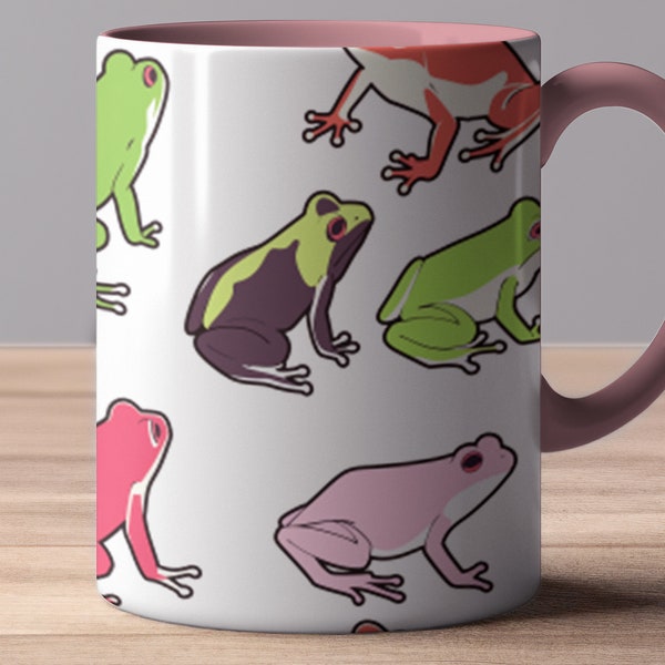 Freundliche Frösche – eklektischer glänzender Akzent, Tierkröte, Amphibie, Tasse – Neongrün, Rosa – Muttertag, Freundschaft, Tochter, Urlaubsgeschenk – für Sie