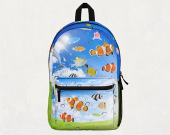 Frutiger Aero Backpack: Sunny Field, Fish Design
