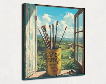 May include: A vintage window with a view of a green field and a blue sky with white clouds. A can of "Cafe Bustelo" coffee is on the windowsill, holding a collection of paintbrushes.