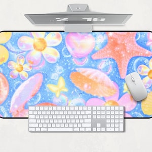 Tropicalcore Sea Shells Desk Mat: Floral Airbrushed Kawaii Office Study Pad