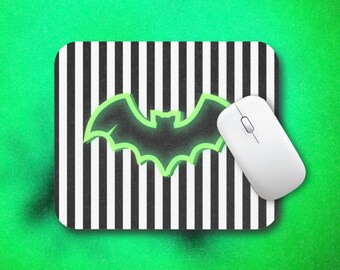 Black & White Striped Bat Mouse Pad (Rectangle) &quot;Faux Glow in the Dark&quot;  Inspired Design, Cute Halloween Decor. * Does not Glow in the Dark