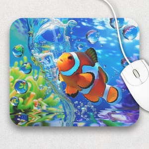 2000s Frutiger Aero Clown Fish Mouse Pad, 9&quot;x8&quot; Old Computer Aesthetic, Underwater Ocean Bubbles, Nostalgic Style Gift, Rectangle