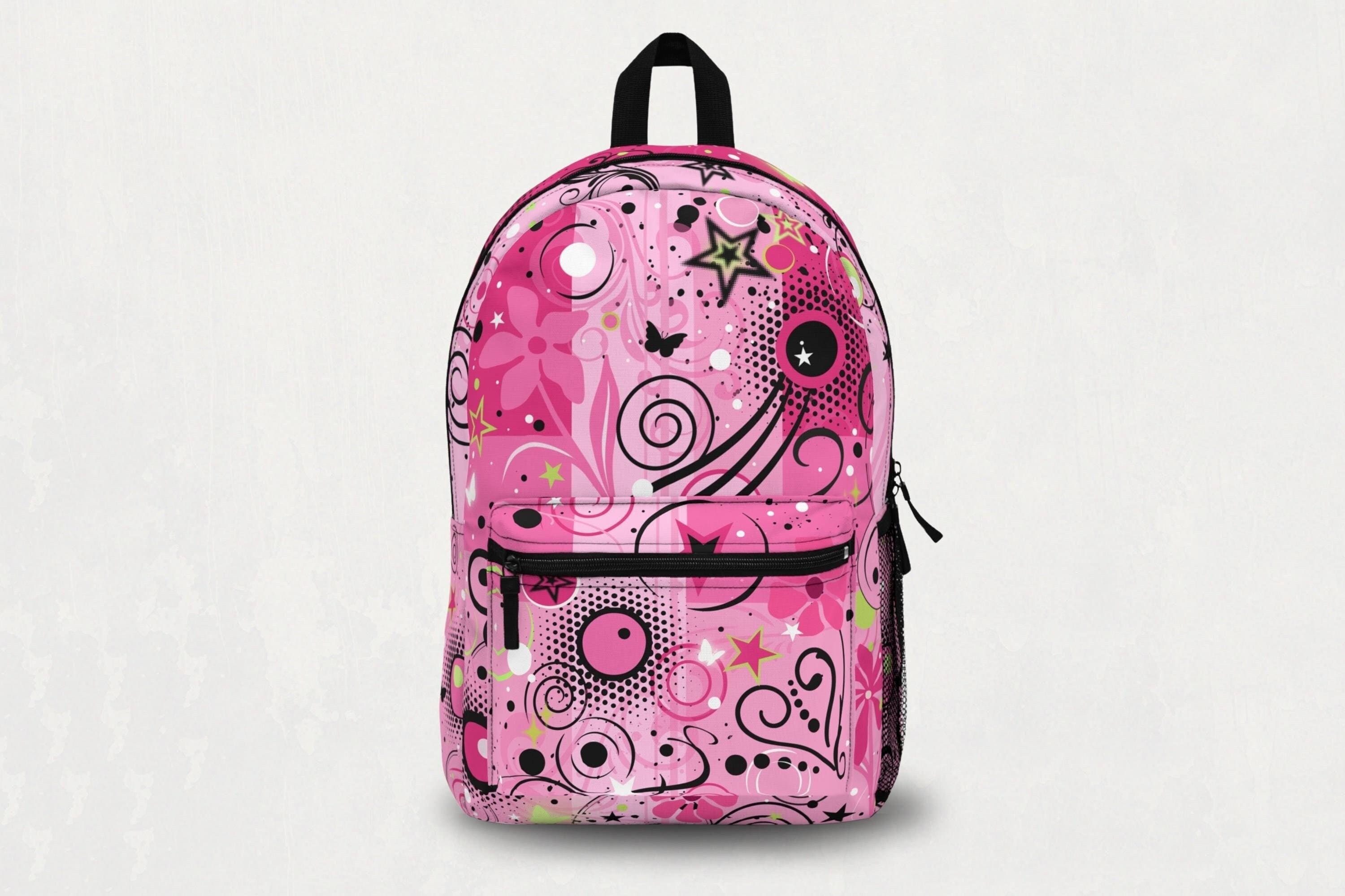 Frutiger Metro Vectorbloom Backpack, Roomy Durable Bag, Adjustable Straps, 2000s Y2K Aesthetic, Pink & Black Swirls, All ages, School, Work