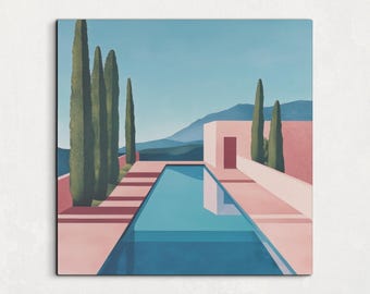 May include: A square art print depicting a serene outdoor scene. A rectangular pool of blue water is surrounded by pink structures and tall green trees. The background features mountains and a clear blue sky.