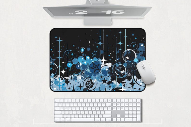 May include: A blue and white abstract design mouse pad with a black background. The design features stars, circles, and swirls.