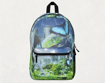 Backpack Butterflies & Dolphins - Frutiger Aero, Nostalgia Aesthetic, Y2K Pattern, Back to School, Work Office, Teen, Adult, Kids Bag