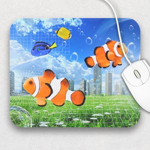 Frutiger Aero Clown Fish City Mouse Pad, 9x8 Retro Computer, 2000s Y2K Futurism Aesthetic, Back To School Gift for Home Office Gaming