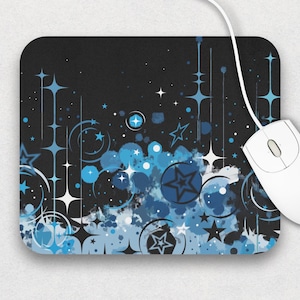 Frutiger Metro Blue and Black Mouse Pad, 9&quot;x8&quot; Computer Aesthetic, Dark Sparkly Desk Mat, Trendy Vectorbloom Desk Accessories for Nostalgia