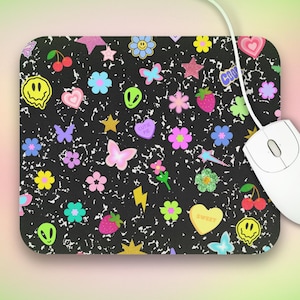 Y2K Notebook & Aufkleber Mauspad, 9 "x8" Computerästhetik, Schwarzweiß-Komposition, kleine Schreibtischmatte, nostalgisches Schreibtischzubehör Geschenk