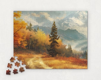 May include: A painting of a forest path leading through a colorful autumn forest towards a mountain range in the distance. The trees are a mix of yellow, orange, and red, and the mountains are covered in snow. The sky is a light blue with some clouds.