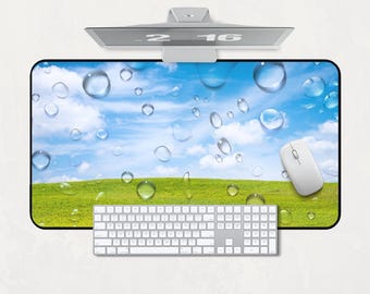 Frutiger Aero Desk Mat, Grassy Field, Water Drops, Y2K Decor