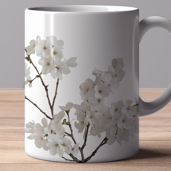 Weiße Blumen – Keramiktasse mit glänzendem Akzent, 325 ml.