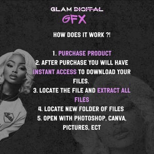 Puede incluir: Un gr&aacute;fico rosa y blanco con el texto "GLAM DIGITAL GFX" e instrucciones sobre c&oacute;mo descargar y usar archivos digitales. El texto dice: "&iquest;C&oacute;mo funciona?! 1. Compra el producto 2. Despu&eacute;s de la compra, tendr&aacute;s acceso instant&aacute;neo para descargar tus archivos. 3. Localiza el archivo y extrae todos los archivos. 4. Localiza la nueva carpeta de archivos. 5. Abre con Photoshop, Canva, im&aacute;genes, etc."