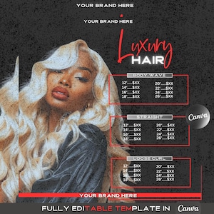 May include: A black and white image of a woman with long blonde hair. The image is a promotional graphic for a hair salon or hair extension company. The text on the image reads "Luxury Hair" and lists prices for different hair lengths and styles, including body wave, straight, and loose curl.
