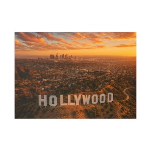Cartão-postal artístico com letreiro de Hollywood, pôr do sol no horizonte de Los Angeles | Cartão de viagem brilhante 4x6 e 5x7 | Lembrança da Califórnia, verso em branco, para emoldurar