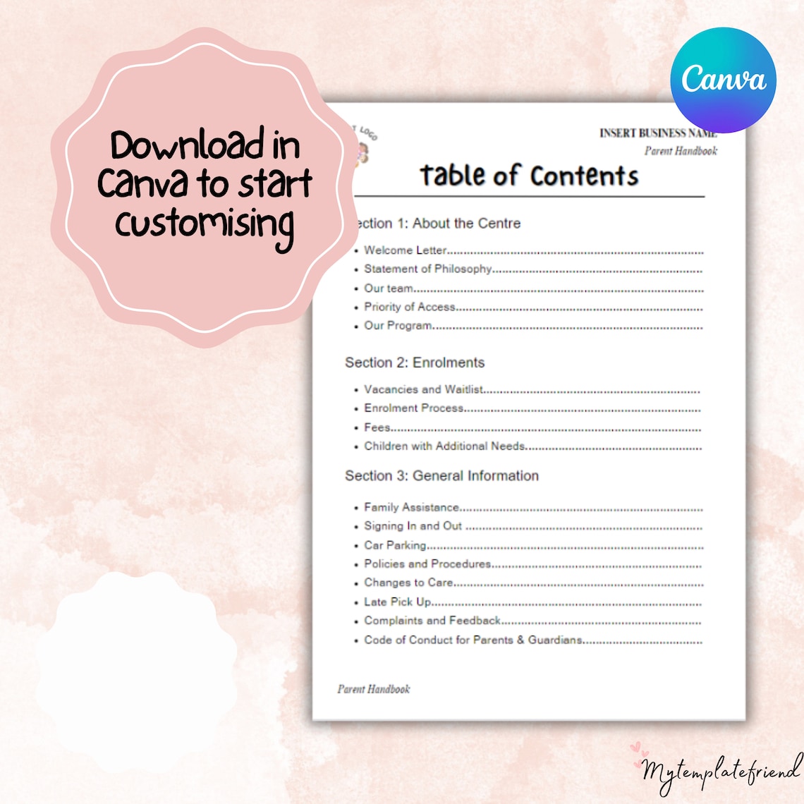 Parent Handbook Childcare Centre Template Etsy