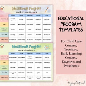May include: Educational program templates for child care centers, teachers, and preschools. The image shows two weekly schedules: "Art Around the World" and "Science Explorer." Each schedule lists daily activities, including crafts, games, and science experiments.