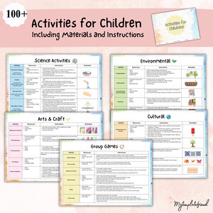 Könnte beinhalten: Eine farbenfrohe, druckbare Tabelle mit über 100 Aktivitäten für Kinder, unterteilt in die Kategorien: Naturwissenschaften, Kunst & Handwerk, Gruppenspiele, Umwelt und Kultur. Jede Aktivität enthält eine Liste der benötigten Ressourcen und Anweisungen.