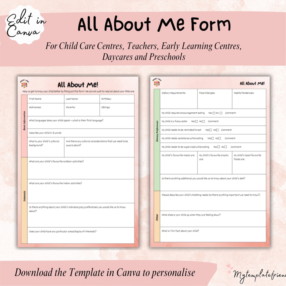 All About Me Child Care Forms Get to Know Me for Childcare, Early