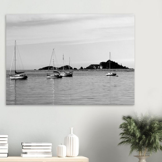 Sail Boats Islands Black and White - Premium Semi-Glossy Paper Poster
