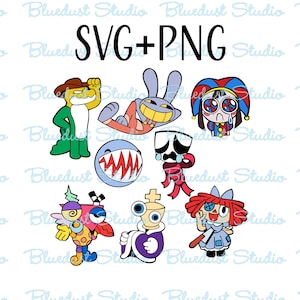 May include: A set of eight colorful cartoon character illustrations. The characters are a green alligator, a blue and white ghost, a red and white jester, a red and white doll, a purple and white king, a blue and white bunny, a red and white monster, and a multi-colored creature with a single eye.