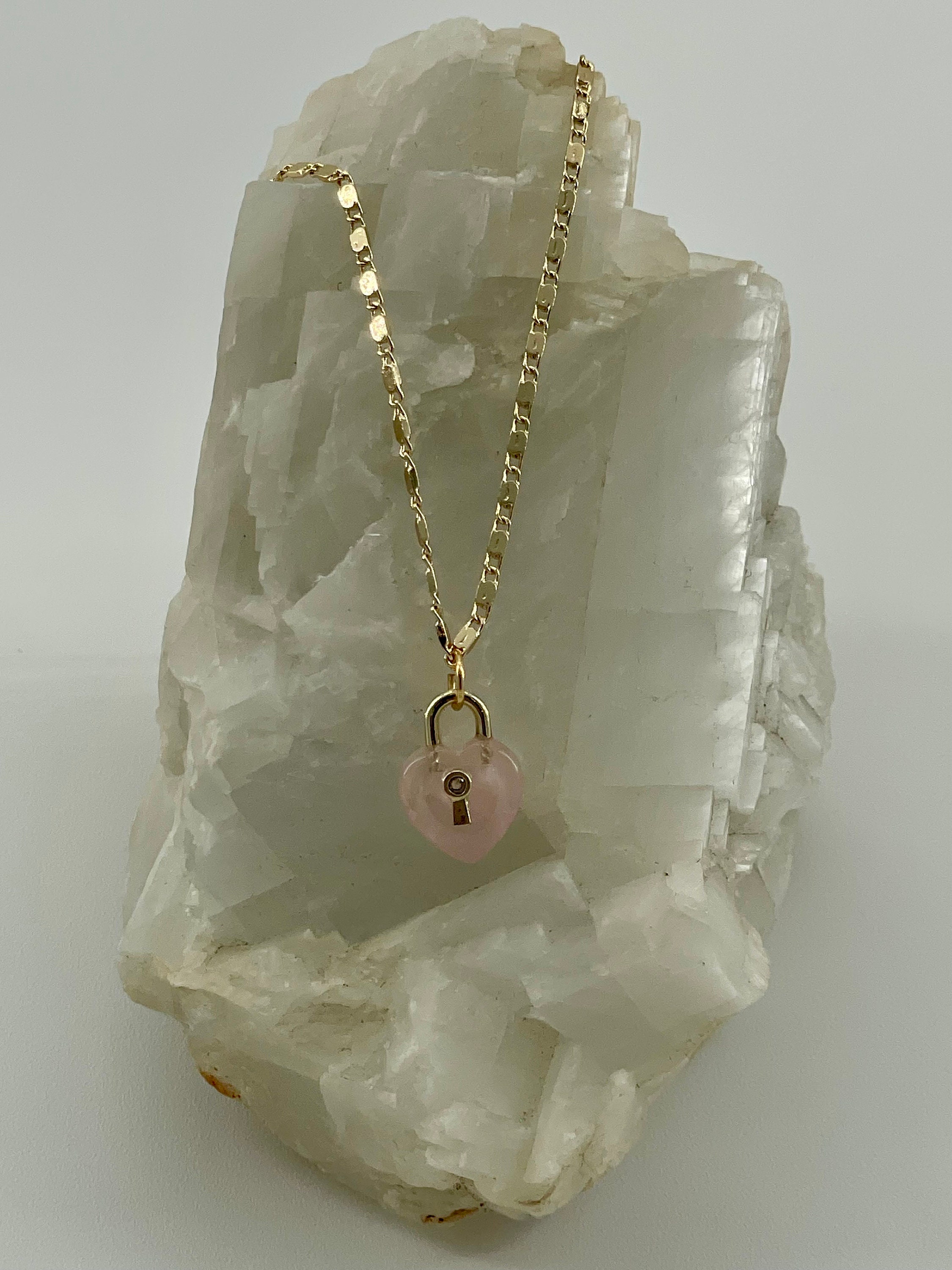 Gold Rose Quartz Heart Lock Charm Necklace - Etsy