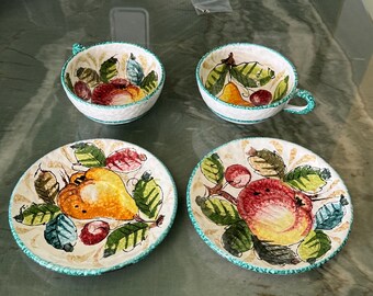 Set of 2 Vintage Italian Hand Painted MCM Cup & saucer Frutta Mista Design Made in Italy