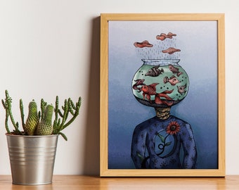 Fishbowl head print, surreal printable art, portrait, conceptual art, download, wall art, art print