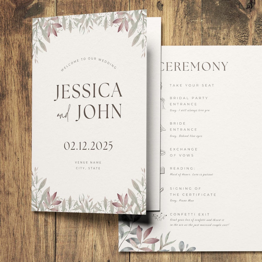 Foldable Program Example Elegant Foldable Wedding Program Template: Boho Greenery (canva ...