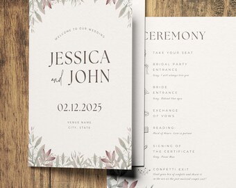 May include: Wedding ceremony program with a watercolor floral design in shades of gray and pink. The program lists the order of events for the ceremony, including the bridal party entrance, bride entrance, exchange of vows, reading, signing of the certificate, and confetti exit.