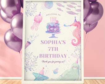 Under the Sea Birthday Welcome Sign: Pink Sea Animals (Canva Editable, Printable, Instant Download)